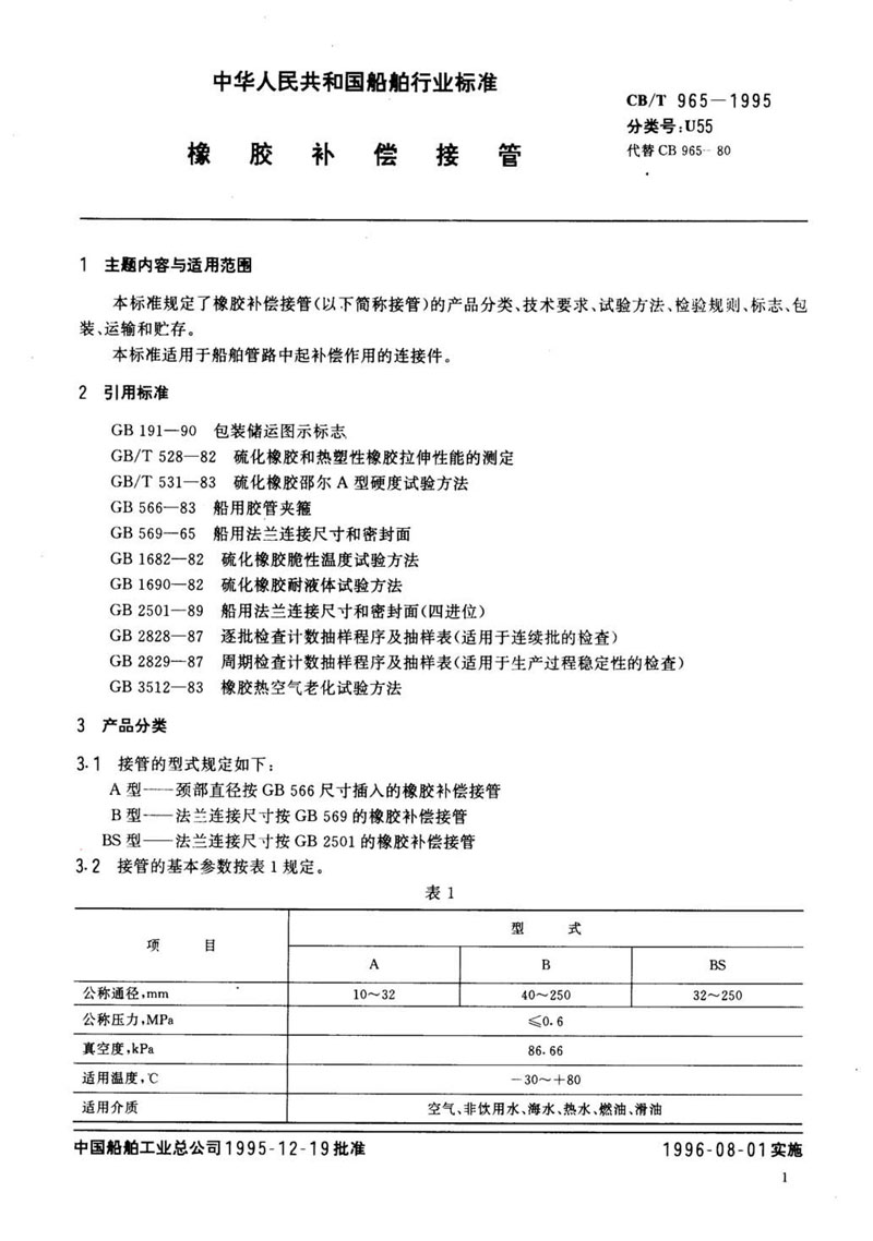 【行業(yè)標準】橡膠補償接管CB/T 965-1995船舶標準